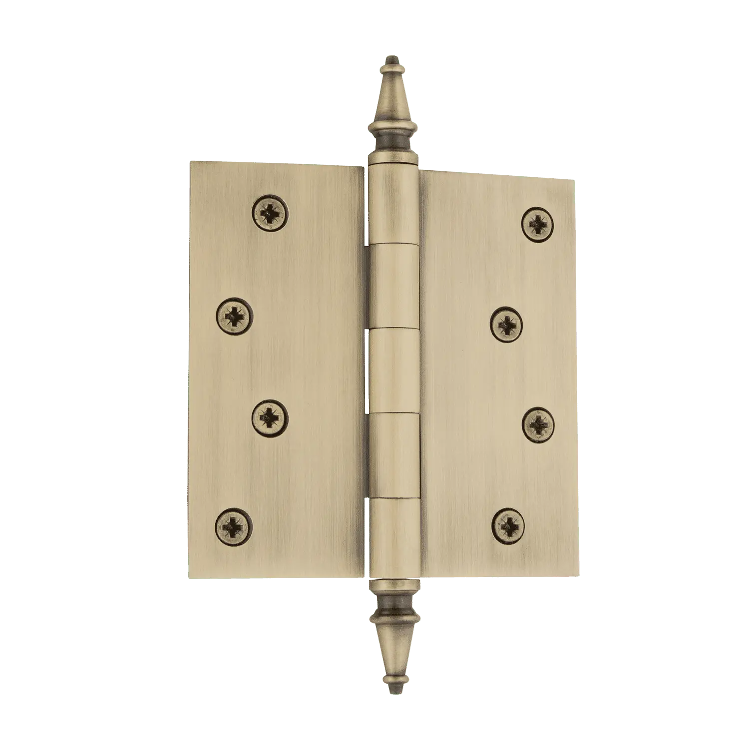 4" Steeple Tip Residential Steel Hinge with Square Corners in Antique Brass