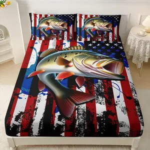 3-Piece Fish Fishing Print Bed Skirt Set, American Flag Pattern, Bedroom Decor, Includes 1 Sheet + 2 Pillowcases