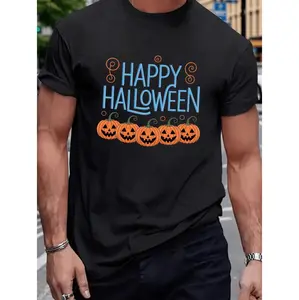 Men'S Happy Halloween T-Shirt with Jack-O'-Lantern & Bat Print - Spooky Pumpkin Patch Design, Casual Round Neck Tee for Halloween Parties, Trick--Treat & Casual Attire - All-Season Comfort Fit Adult Men'S Apparel, Men Graphic T Sh