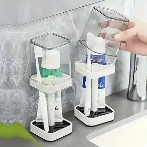 Toothbrush Holder Stand with Transparent Mouthwash Cup, Bathroom Accessories for Toothpaste & Toothbrush Storage, Ideal for Home, Dorm, School, Travel, Standup Brush Holder