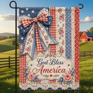 Faux Patchwork Coquette Bow Sweet Land Of Liberty Flag, 250th Anniversary Flag, 250 Years American 1776-2026 Anniversary Outdoor Flag, 4th of July Decor, Print Only