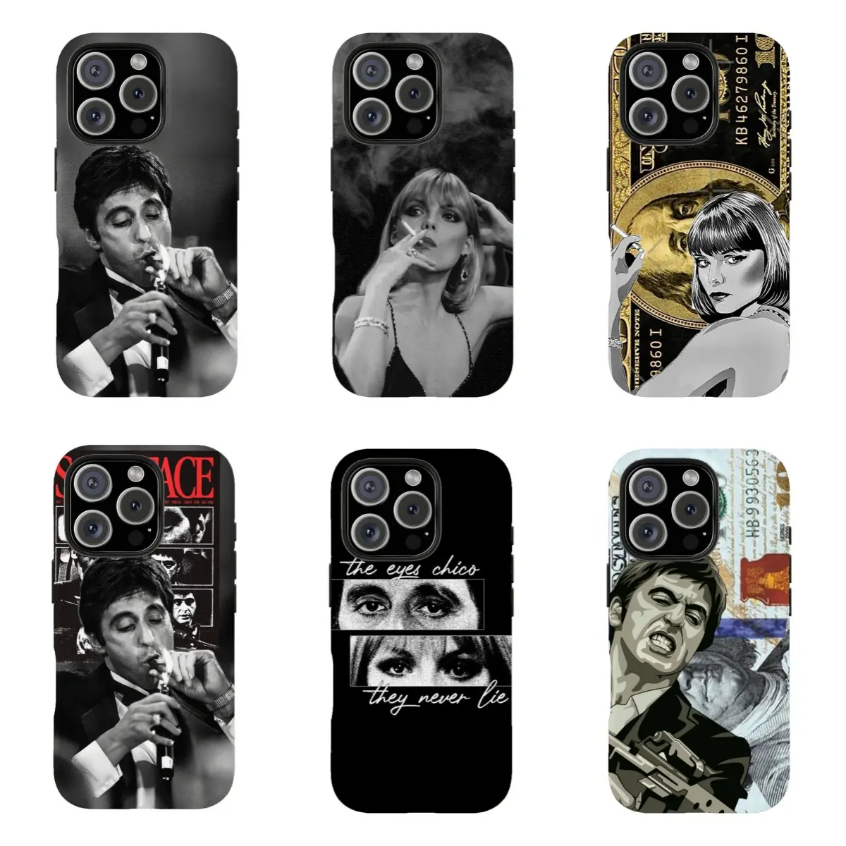 S-Scar.face Tony Montana & Elvira Phone Case Retro Gangster Movie Aesthetic Protective Cover Classic Film Shockproof Case for iPhone 17Promax 16 15 14 13 12 11 and for Samsung S21-S25 Gift for Movie Fans