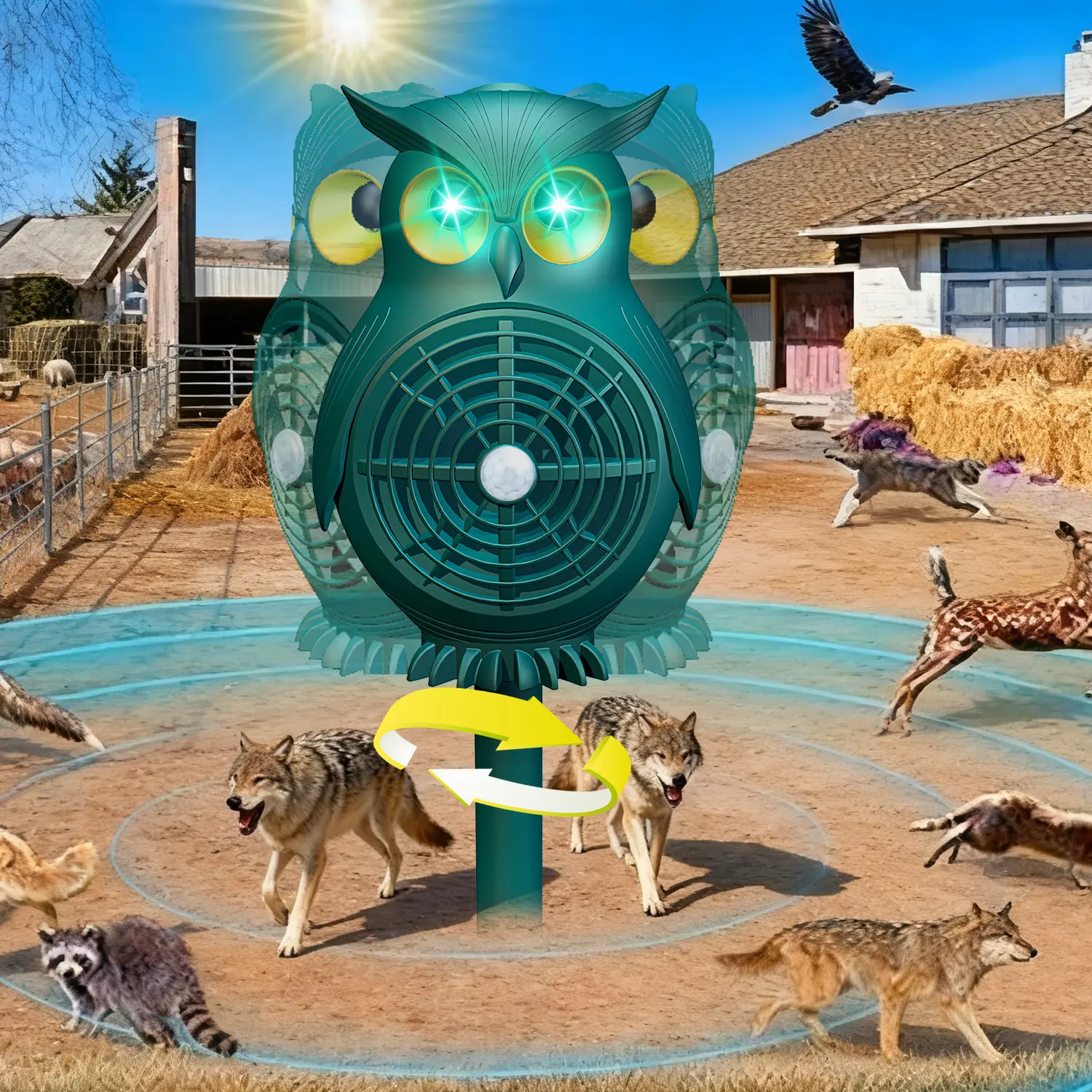 360° Rotating Solar Ultrasonic Animal Repellent Outdoor - Easy to Install Deer Repellent Device with Built-in Motion Sensor, for Repelling Dogs, Raccoons, Skunks, Squirrels, Residential Homes, Gardens, Deer Repellent Devices