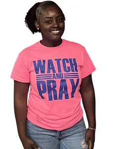 Neon Safety Pink Watch and Pray Short Sleeve T-shirt with Royal Blue Print