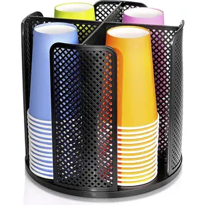 Rotating Paper Cup Dispenser with 4 Compartments Removable Disposable Coffee Cup Holder Plastic Cup Storage & Lid Holder for Countertops Kitchen Coffee Stations Black