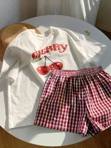 Women's Summer Fashion Plaid Checkered Shorts & Knit Cherry Tee Round Neck Top Set, Casual Fitted Two-Piece, Stylish Ladies' Clothing Womenswear for Everyday Wear