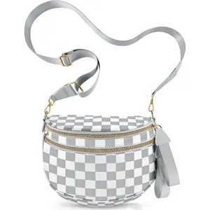 Checkered Crossbody Bags for Women, Large Nylon Bum Bags Plus Size Fanny Pack Sling Bag Belt Bag for Women Travel, Light Grey Checkered
