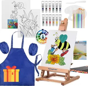 Falling in Art Tabletop Easel Set, Portable Wooden Art Easel Painting Kits for Kids, Easel for Painting Canvases, Including 12 Colors Acrylic Paints, 10 Paintbrushes and 4 Canvas Panels, Pink