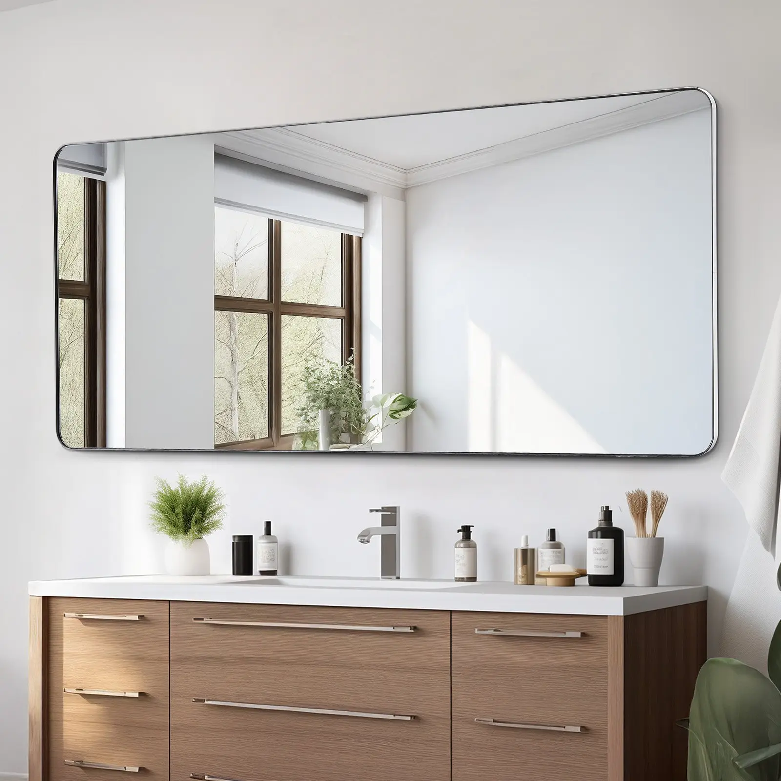 VEVOR Wall Mounted Makeup Mirror, 0.15 Thick, 32x 72 Mirror with Aluminium Alloy Frame Explosion-Proof Film, Scratch-Resistant Mirror with Z-Shaped Bracket, Fit for Bathroom/Bedroom/Living Room