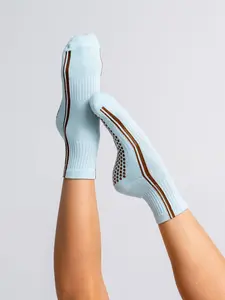 Quarter Socks - Retro Stripe Baby Blue Grip Socks