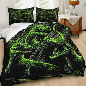 2/3Pcs Dynamic Neon Green Dinosaur Duvet Cover Set, Aggressive Velociraptor Bedding Set, Bold Graphic Art Design for a Unique Bedroom Decor, Soft and Cozy Fabric, Dinosaur Lovers! Includes 1 or 2 Pillowcase - No filling/Zipper Closure