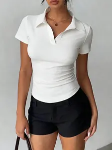 Women's Basic Solid Polo Neck Slim Fit Short Sleeve T-Shirt, Curved Hem, Casual Slimming Tee for Daily Wear and Office, Comfortable and Stylish