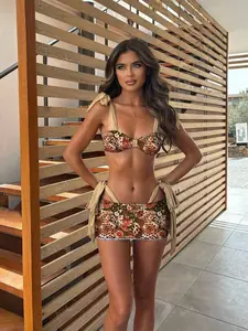 Women's Short Apron Bikini Set, Floral Print Lace-Up Swimsuit, Sexy Beachwear, Floral Swimsuits, Fitted Triangle Swimwear, All Seasons