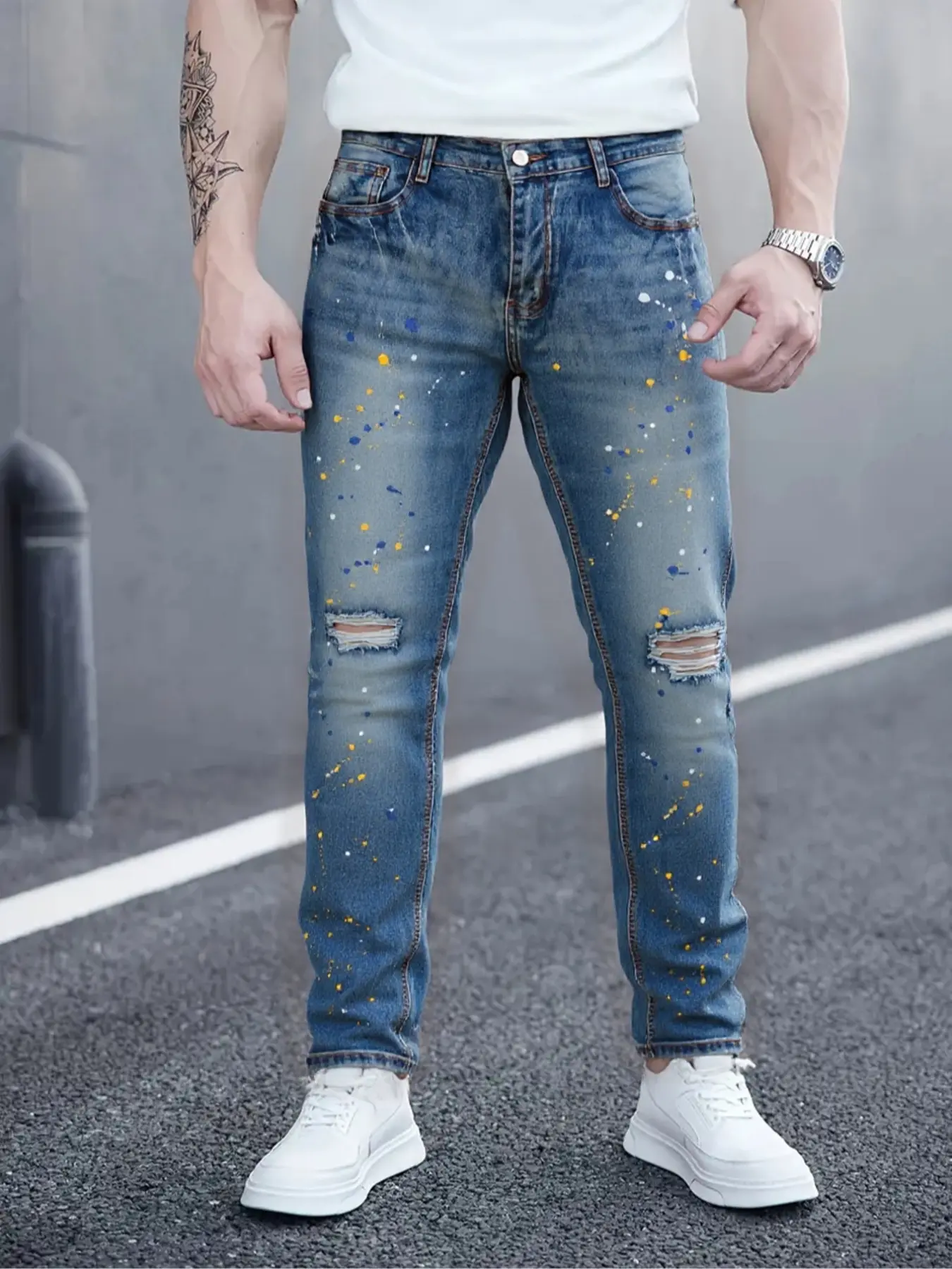 Men's Washed Denim Jeans, Spray Paint Ripped Patchwork Slim-Fit Autumn Style, Fashion Casual Pants for Daily Wear