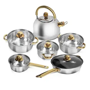 Nonstick Pots and Pans Set, 12 Piece Stainless Steel Non-Stick Kitchen Cookware Set Golden Handle Easy Clean Tebru