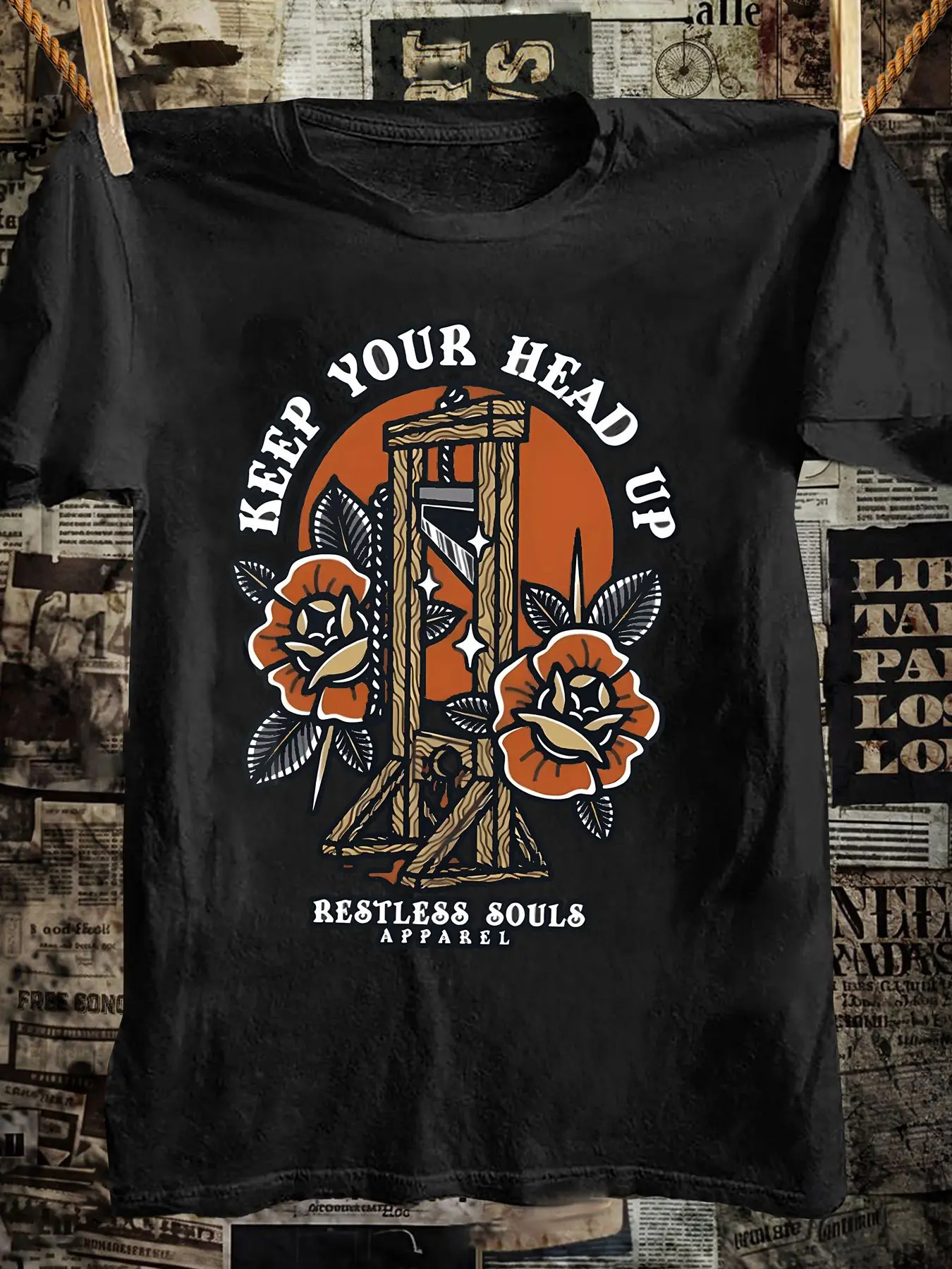 Restless Souls Graphic T-shirt, Vintage Streetwear Skull & Roses Print for Men, Classic 100% Cotton Fabric, Unisex Casual Round Neck Menswear Top, Tshirt, Sweatshirts, Apparel, Shortsleeve, Soft