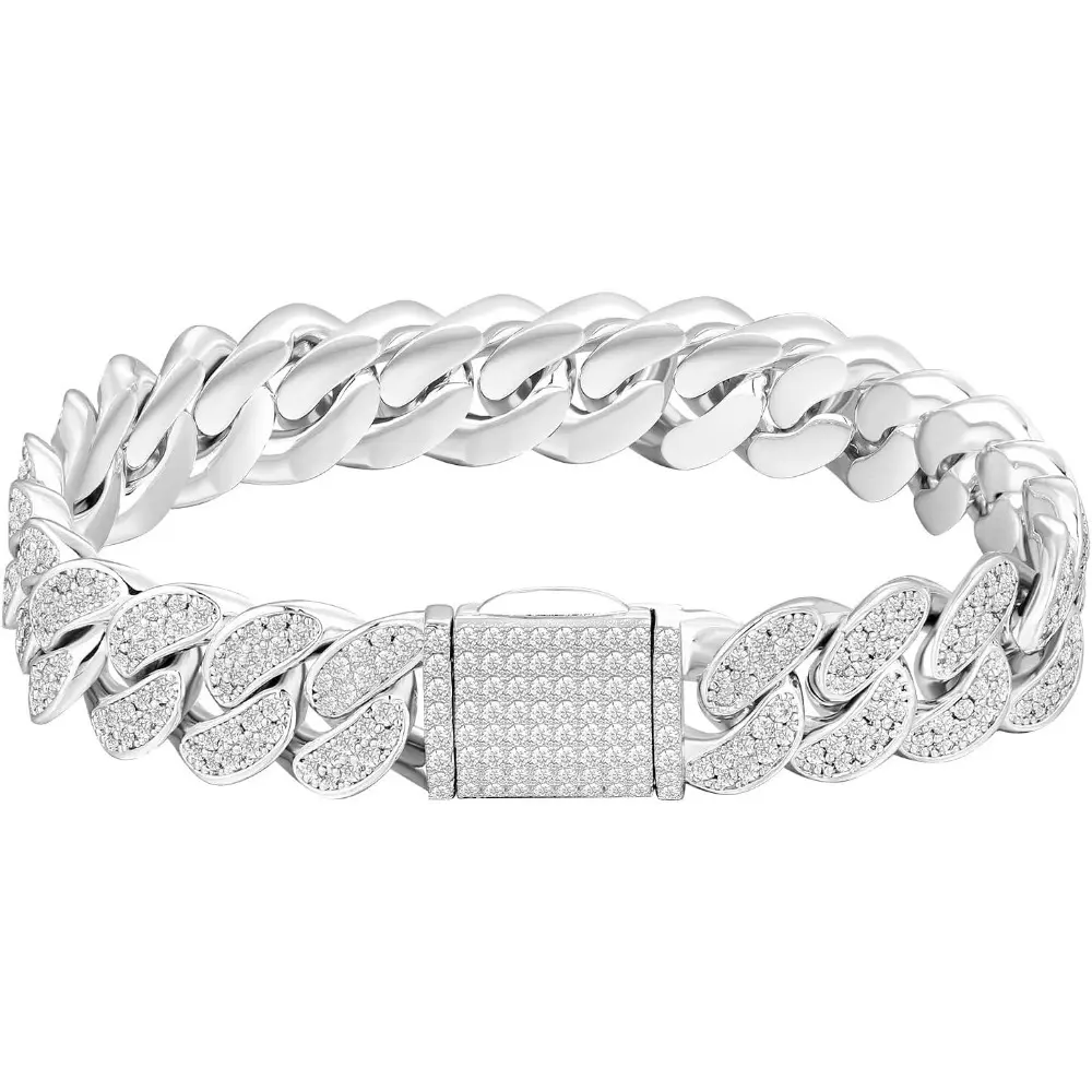 Cuban Link Bracelet 12mm 14mm, Gold Iced Out Bracelet for Men, Prong-Setting 5A CZ Stones, Durable Street-wear Hip Hop Jewelry, Cuban Link Curb Chain 7 8 9  Inches