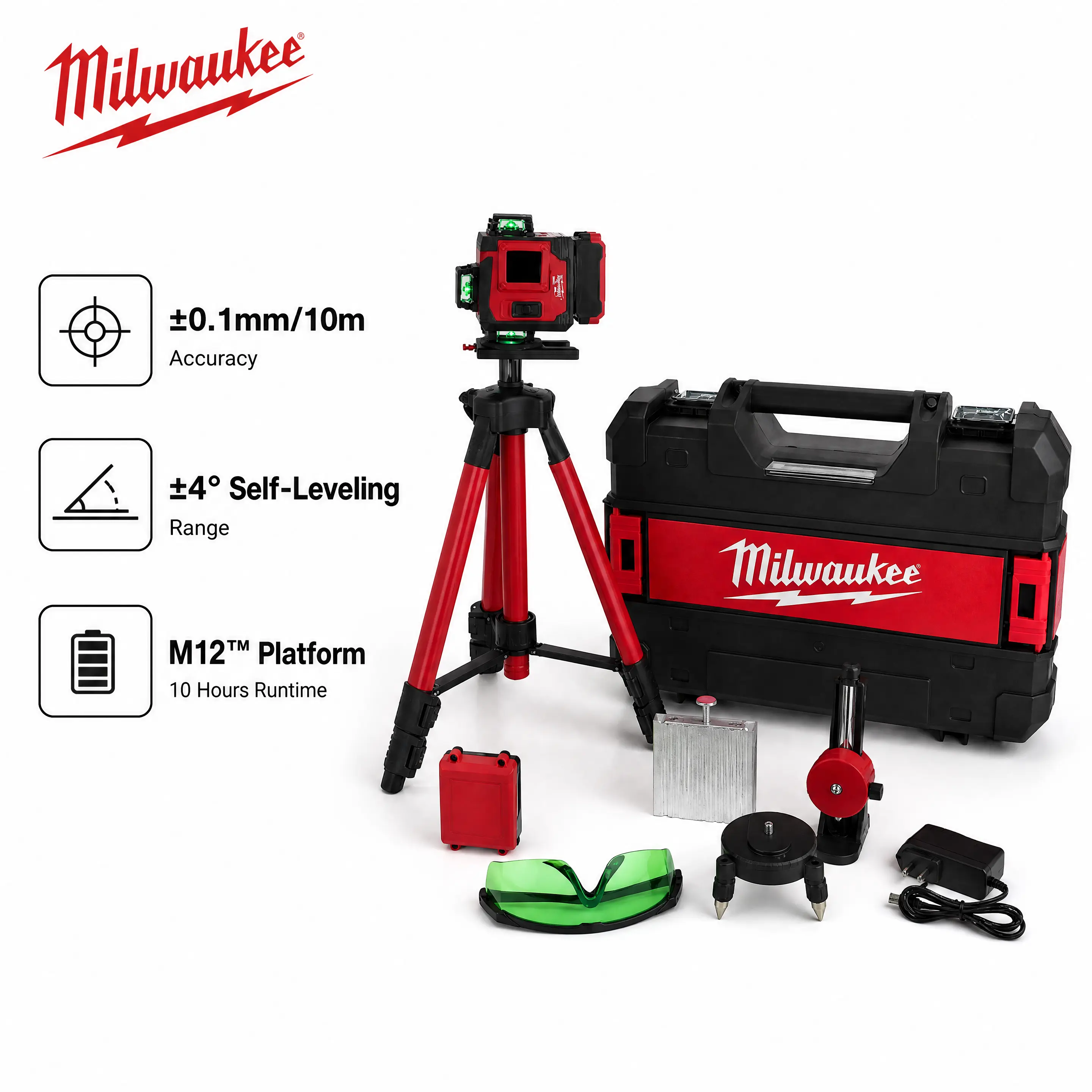 Milwaukee 4D 16 Line Laser Level Measuring Kit For Indoor Building Decoration And Engineering Layout, Equipped With ±4° Auto Leveling System And ±0.1mm/10m Accuracy, Operates On M12 REDLITHIUM Battery Platform For Stable All-Day Site Measurement Work