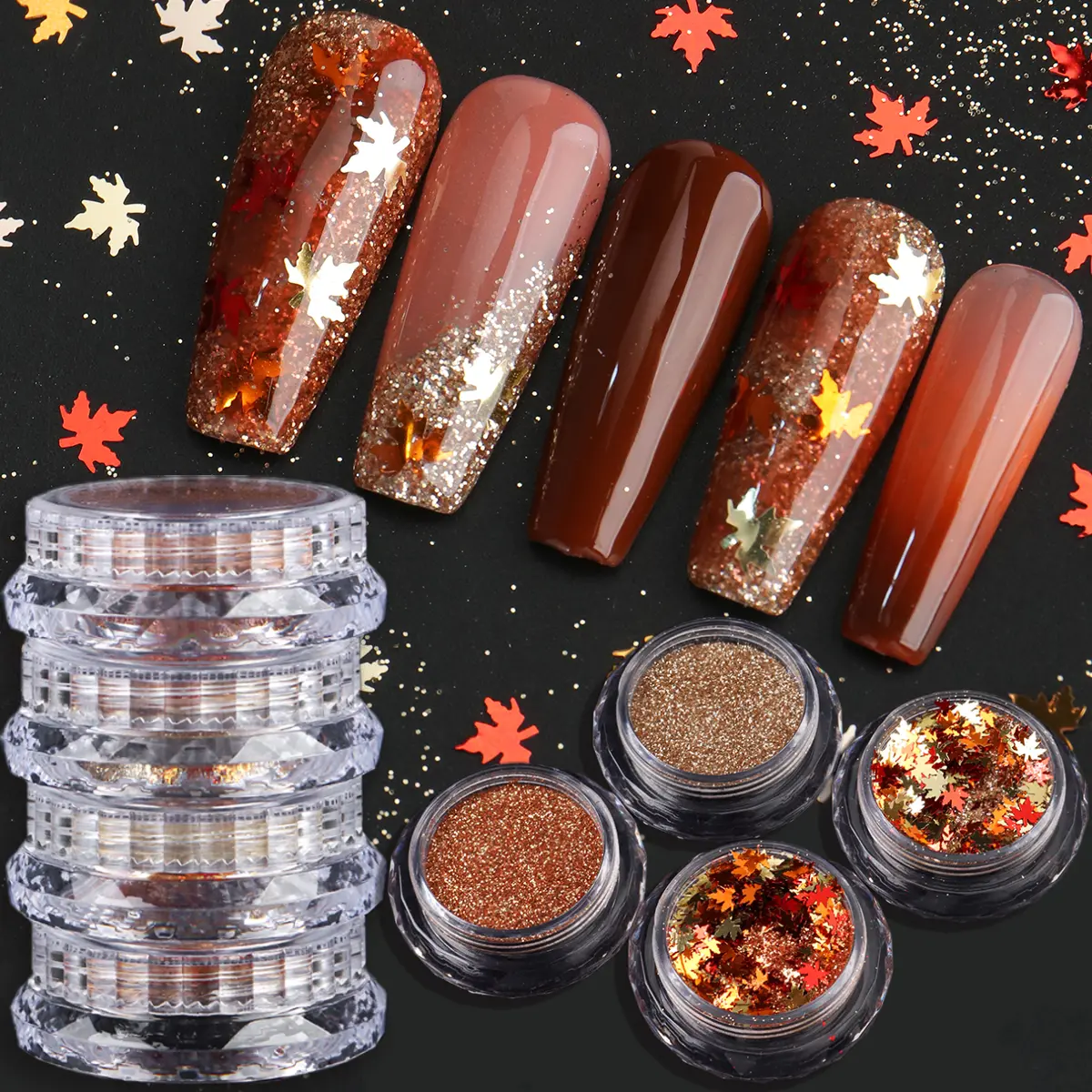 4Pcs Golden Maple Leaf Nail Sequins & Glitter, Shiny Autumn Fall Leaf Nail Art Decorations, Manicure Supplies for DIY and Professional Salon Use