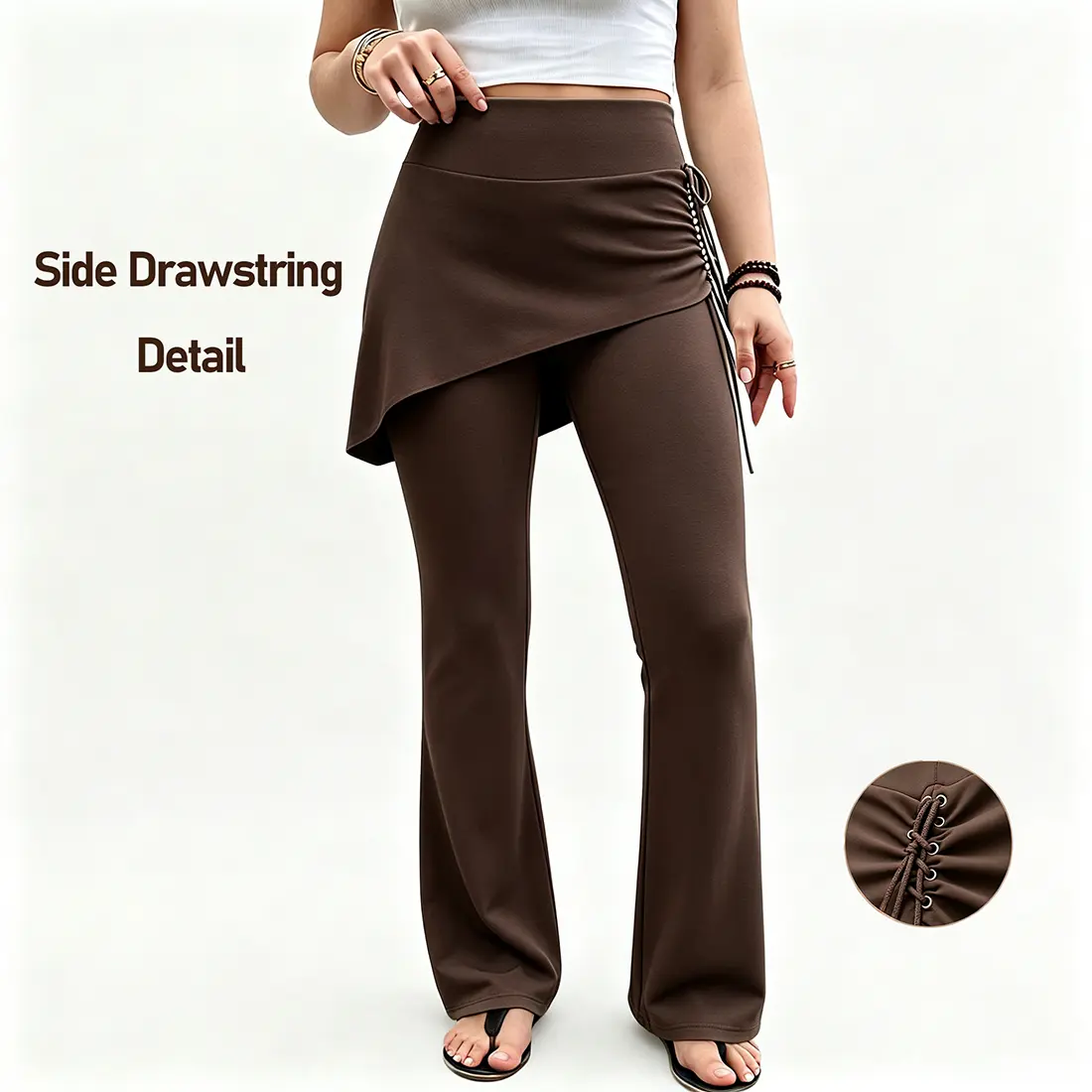 Women’s solid-color yoga pants with a faux two-piece design and an irregular hem; soft and skin-friendly; suitable for everyday workouts, yoga, and casual wear; women’s flared pants; women’s bottoms. sohochic