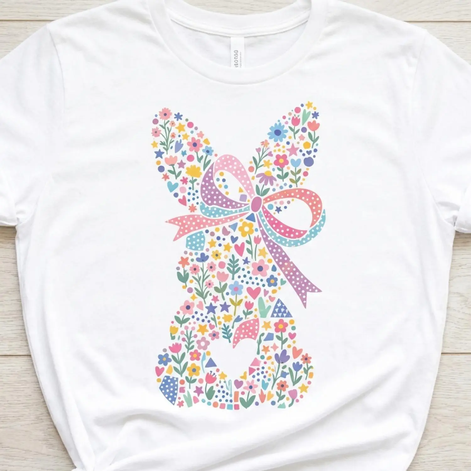 Women Casual Round Neck Short Sleeve T Shirt Featuring Easter Bunny with Pink Bow and Colorful Swirls Print Perfect for Spring Festival and Holiday Wear