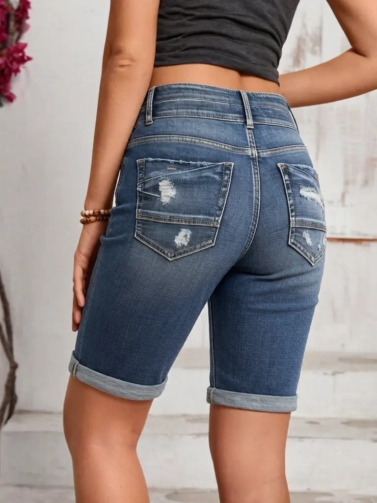 Women's High-Waisted Bermuda Shorts Vintage Distressed Ripped Bermuda Jean Shorts Women High Rise Stretch Rolled Hem Knee Length Casual Denim Shorts For Summer