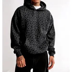Leopard Print Hoodie |       & Cozy Cotton Blend Sweatshirt with Kangaroo Pocket Menswear Breathable