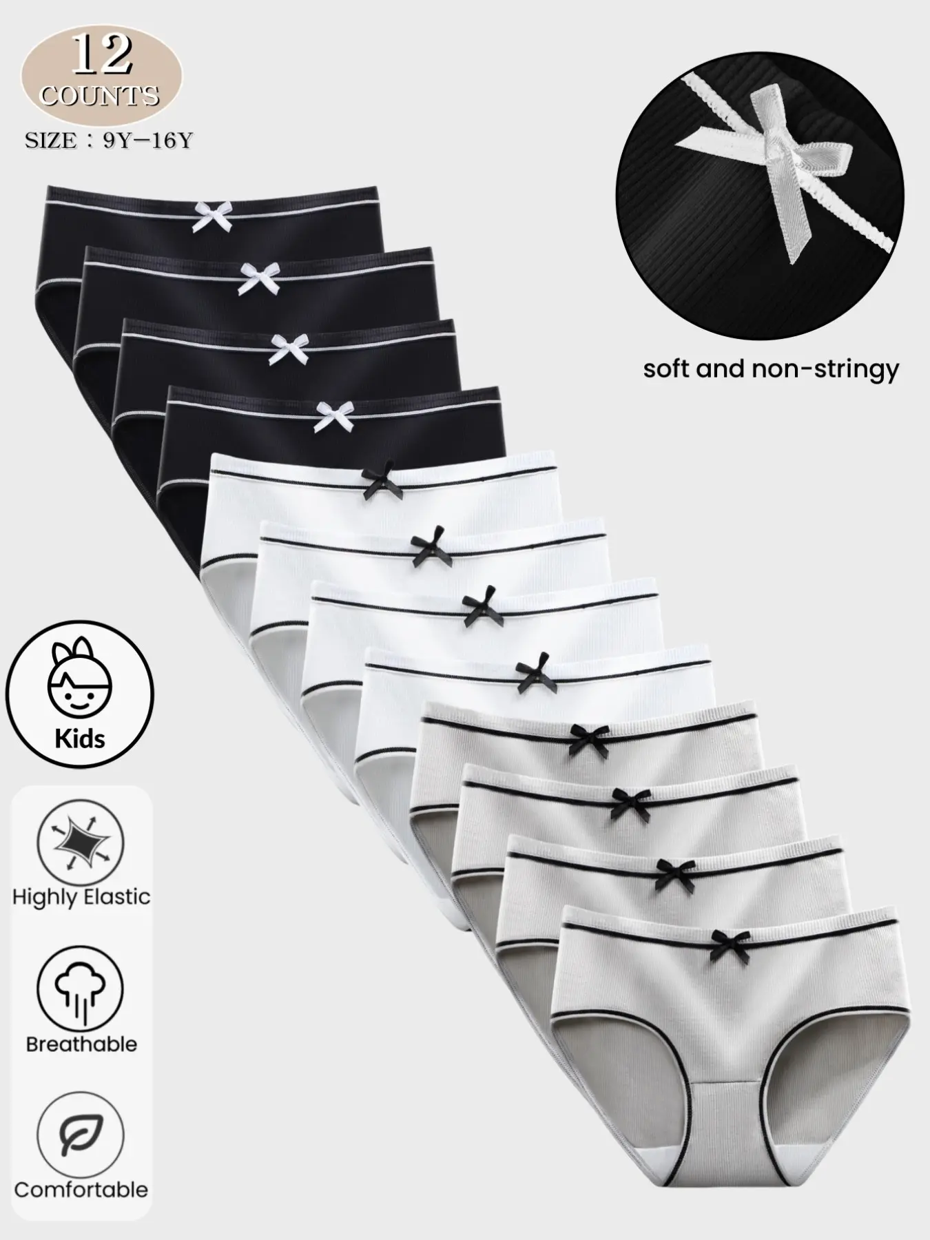 Girls' Plain Fitted Essential Underwear Set, Breathable Elastic Waist Design, Comfortable All-Season Wear, Ideal for Students & Teens, Youth Underwear