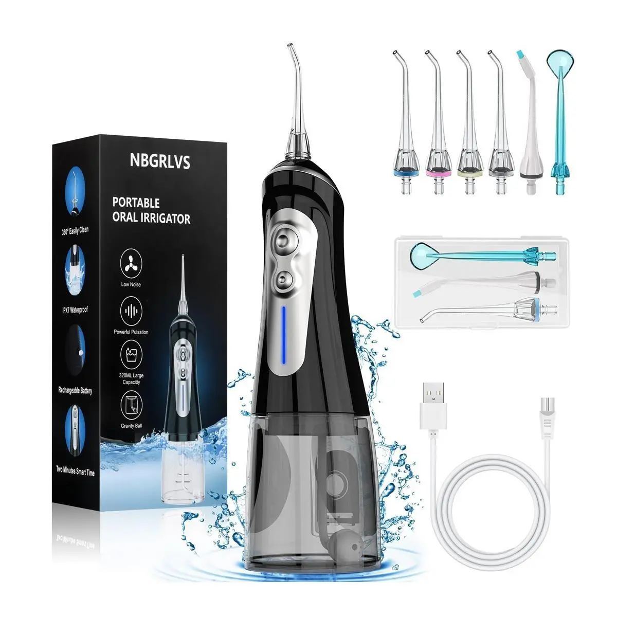 NBGRLVS Water Flosser Teeth Cleaner, 6 Cleaning Model 350ML Tank USB Rechargeable Oral Irrigator, IPX7 Waterproof 6 Modes Irrigate, for Home Travel Adult, 6 Replacement Nozzles