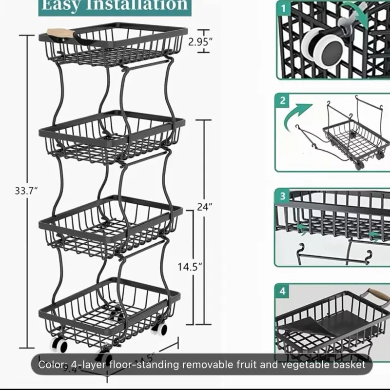 Stackable Metal Storage Cart, 4/5 Layer Fruit and Vegetable Basket with Wheels, Rotating Storage Rack, Narrow Gap Corner Rack, Open Shelf, Suitable for Kitchen Pantry Bathroom, Floor Standing Food Storage Machine