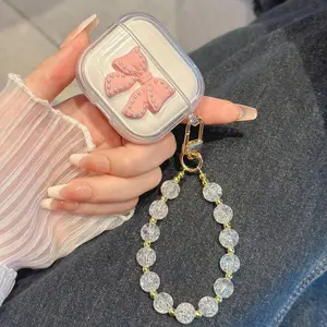 Bowknot Decor Earphone Case with Beaded Chain, Cute Decorative Aesthetic Earphone Protector Cover, Fashion Earphone Case for AirPods 3 Pro 2 1, Durable, Transparent, Metal, Clear, Protection