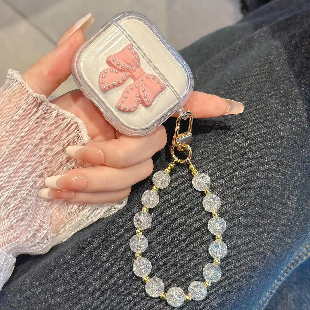 Bowknot Decor Earphone Case with Beaded Chain, Cute Decorative Earphone Protector Cover, Fashion Earphone Case for AirPods 3 Pro 2 1