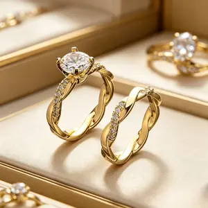 Twisted Band Engagement Ring Set for Couples, 4-Prong Solitaire Promise & Wedding Band, Elegant Statement Jewelry Gift for Her & Him