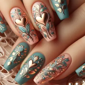 3D Nail Art, Vintage Heart Leaf Pattern, Hand-Painted Manicure, Retro Copper Color Design, Perfect for Any Occasion