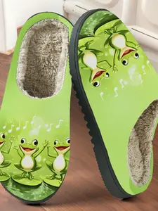 Cute Frog Chorus Print Cotton Slippers, Casual Textile Upper, Rubber Sole, Anti-Slip Thick Bottom, Fall & Winter Warm Home Shoes, Footwear