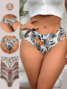 5 Pack Seamless Scalloped Shaping Women’s Underwear, Ultra Comfortable Breathable High Elastic Triangle Panties, Stylish Leopard Print for Everyday Wear, Seamless Breathable Design, Printed Underwear