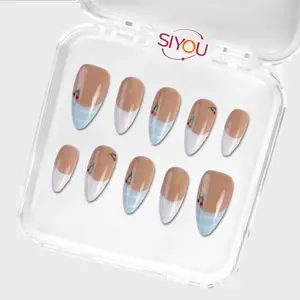 Medium Almond Press On Nails - Nude White French Tip Blue Plaid Cherry Accents Glossy - Reusable False Nails, Siyou Mahogany