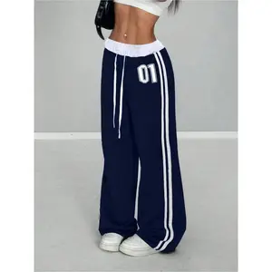 Women's Navy Blue Jogger Pants with Side Stripes, Loose Fit Athletic Sweatpants with "01" Print for Casual and Sports