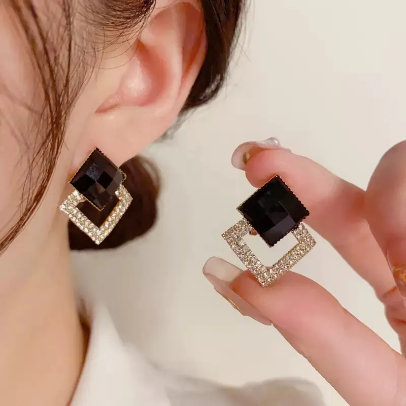 S925 Silver Needle Stud Earrings for Female with a Black Rhombus Design, Japanese Korean Style Jewelry with Micro-Inlay Zircon, Crafted with Precision, Rhombus Shape, Sparkling Gems