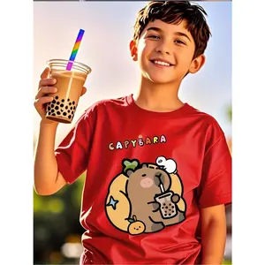 Youthful Charm] Boys' Capybara Graphic T-Shirt - 100% Polyester, Short Sleeve Crew Neck, Lightweight & Breathable for Summer Outdoor Activities, Casual Summer Top|Playful Design|Knitted Texture