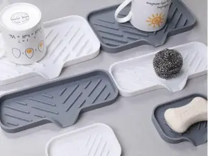 Silicone Soap Dish With Drainage Anti-Splash Non-Slip Countertop Mat For Kitchen & Bathroom Sinks Grey Material Natural Hygienic Essential For Home Decor