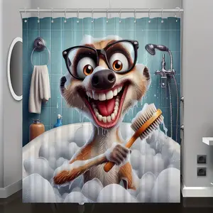 Funny Meek Bath Time Shower Curtain - Cute Meerkat Wearing Glasses Brushing Teeth in Bathtub with Bubbles, Waterproof Fabric Bath Curtain with 12 Hooks | Whimsical Animal Lover Bathroom Decor