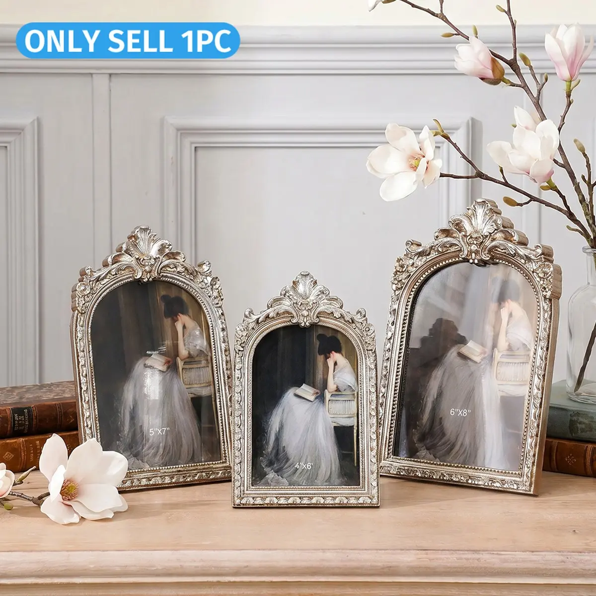 Baroque Style Resin Silver Color Floral Arch Photo Display Frame, Modern Decorative Picture Frame for Bedroom, Living Room, Wedding, Birthday Photo Frames