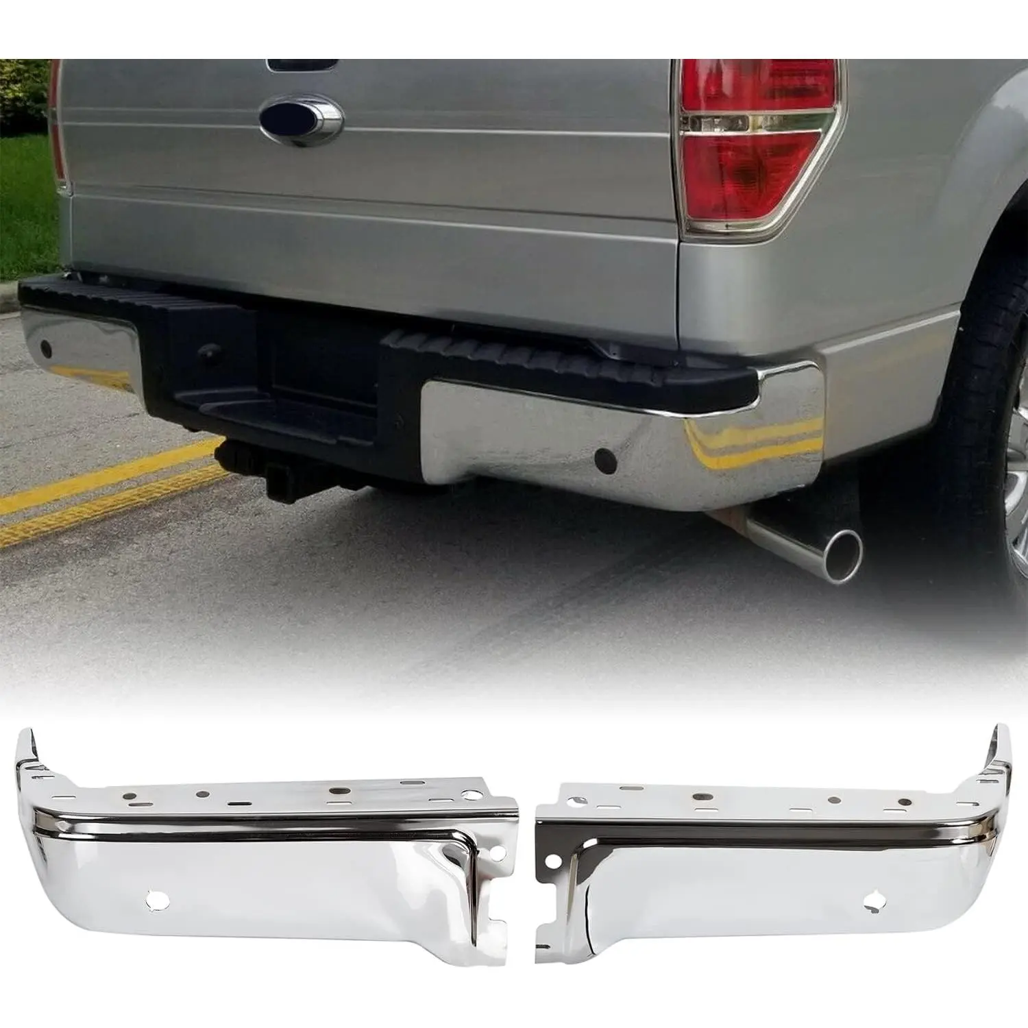 KQQIO Rear Bumper End Cap Pair, Steel Chrome Finish Compatible with 2008-2014 Ford F150 & Lincoln Mark LT, Replacement for FO1102372 FO1102374, Face Bar Cover with Sensor Hole (Passenger & Driver Side)