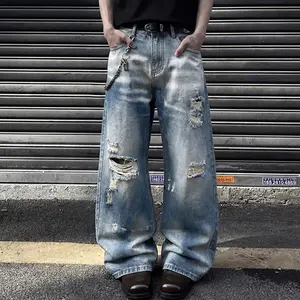 Men's Y2K Baggy Ripped Jeans, Vintage Distressed Wide Leg Denim, Streetwear Casual Pants