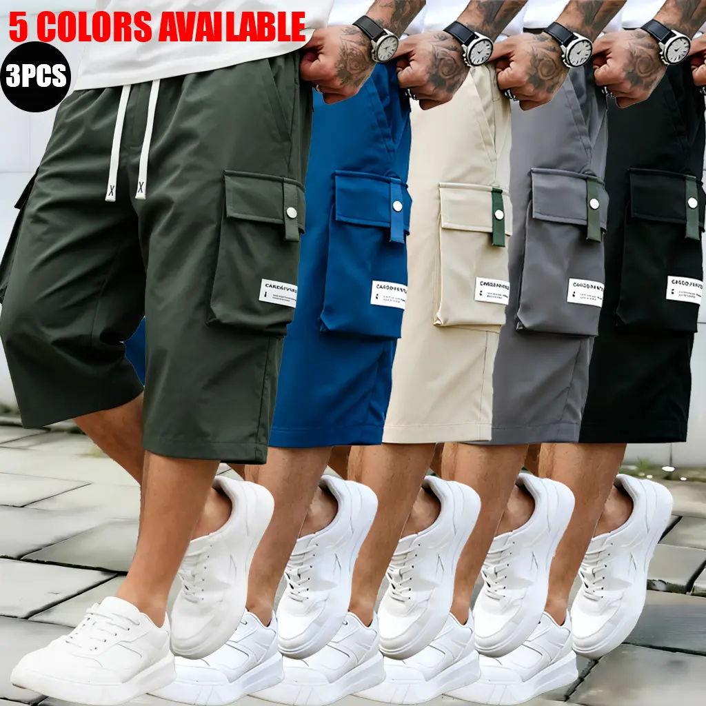 Men's Casual Knee-Length Utility Cargo Shorts 3-Pack - Breathable Elastic Fabric, Loose Stretch Baggy Mid-Waist Bottoms, Multi-Pockets, Drawstring Waist, Street Stylish Menswear, Side Flaps, Cargo Pants