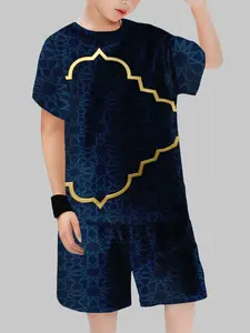 Elegant Boy Geometric Pattern Gold Trim Short Sleeve Shorts, Casual Loose-Fitting Summer for Boys, Perfect for Festivals & Travel