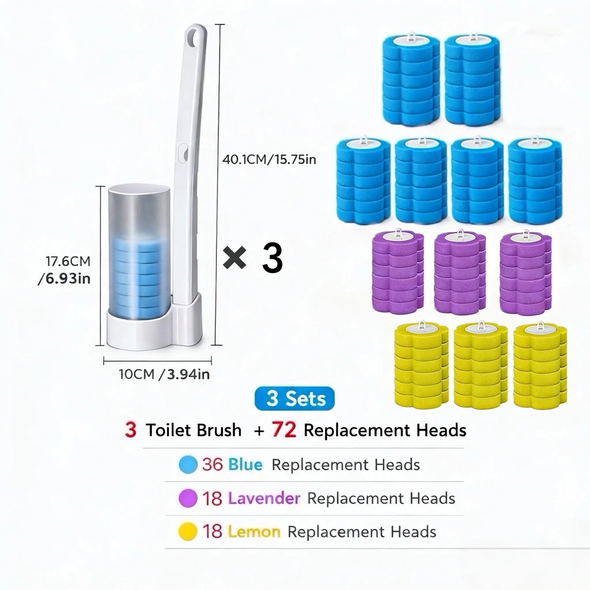 3 toilet brush+72Pcs RefillsMulticolor-transparent