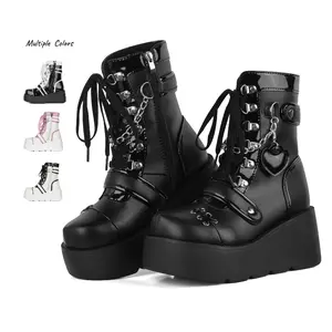 Platform Ankle boots for Women Goth Rave Boots Kawaii Shoes Cute Heart Lace Up Rave Wedge High Heel Round Toe Combat Boots Zipper Wedges Mid Calf Booties with Chain Outdoor Dress