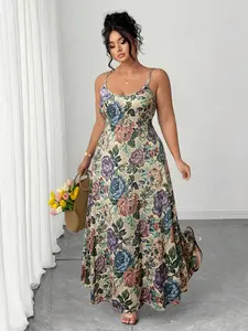 Plus Size Women's Summer New French Vintage Floral Strap Long Dress, Slimming Waist Oil Painting Vacation Dress, Casual Fashion